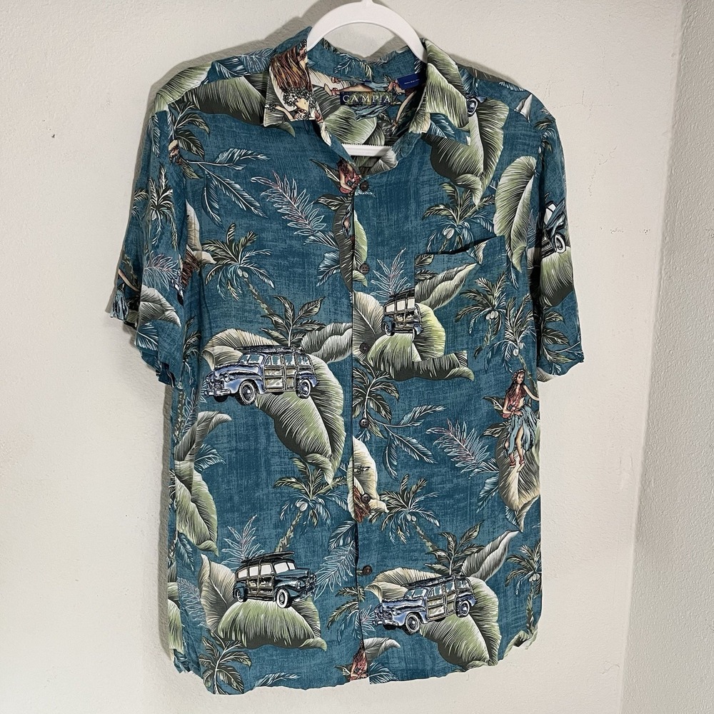 Campia Moda Hawaiian Shirt Men's Medium Palm Trees Surfboards Cars Dancers Vtg